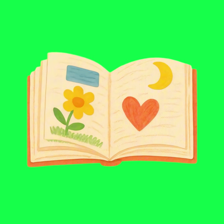 Animiertes offenes Buch mit umblätternden Seiten und niedlichen Illustrationen auf Greenscreen