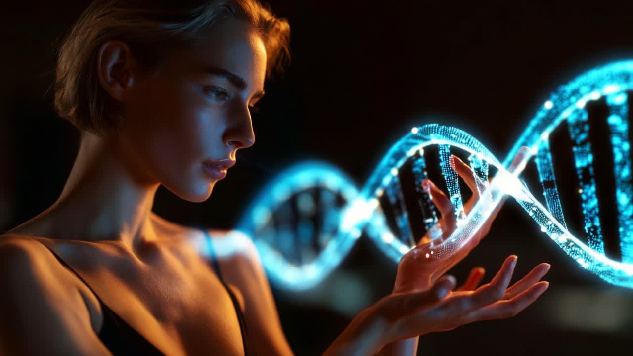 A captivating journey through the intricate world of genetics, as a woman interacts with stunning visual representations of DNA strands, symbolizing life, identity, and potential