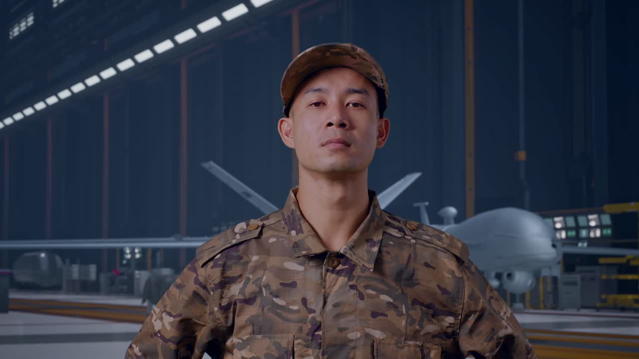 整備格納庫で最新の軍用ドローンを背に立つ、迷彩軍服を着用した勇敢な若きアジア人陸軍兵士のクローズアップ
