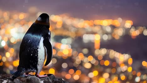 a penguin standing on top of a rock in front of a city