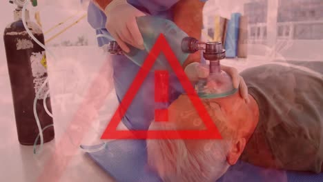 señal de advertencia de triángulo y covid-19 extendiéndose sobre un paramédico realizando y un hombre mayor en el fondo
