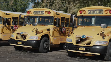 wilson, nueva york, estados unidos, octubre de 2021: una fila de autobuses escolares amarillos en el estacionamiento