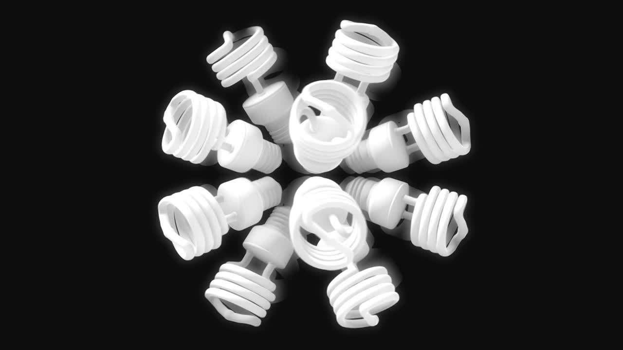 монохромная 3d-анимация многих энергосберегающих ламп, вращающихся изолированно на черном фоне. анимация. вращающиеся флуоресцентные лампочки, светящиеся ярко, бесшовный цикл