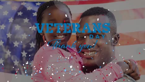 animación del texto del día de los veteranos sobre un soldado afroamericano sonriente con su hija