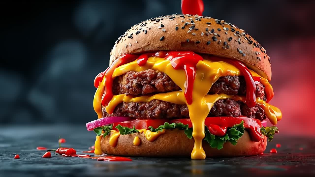 A cheeseburger with ketchup and mustard on a black background