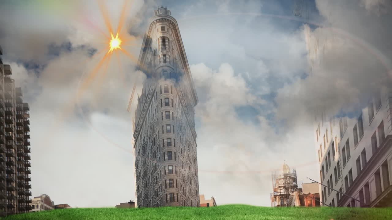 도시의 전망 위에 반이는 불빛의 애니메이션.