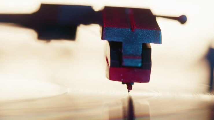 Close-up of Record Player Needle Playing a Vinyl Record