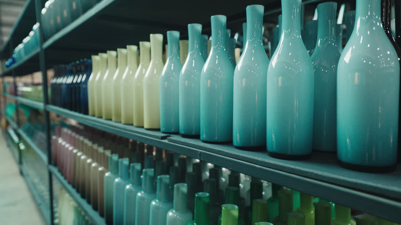 Colorful Glass Vases on Shelves