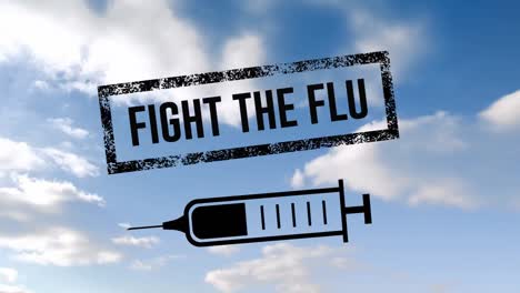 el banner de texto de lucha contra la gripe con el icono de la jeringa contra las nubes en el cielo azul