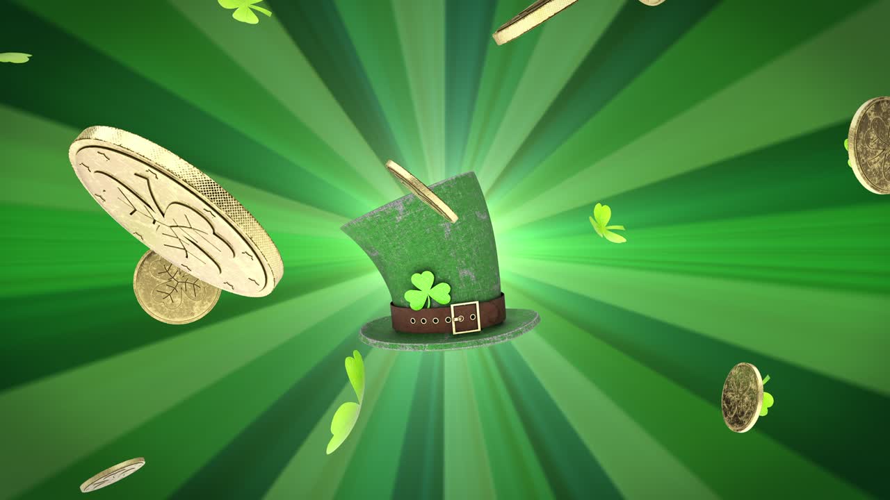 Saint patrick's day background with falling shamrock clover and golden coins