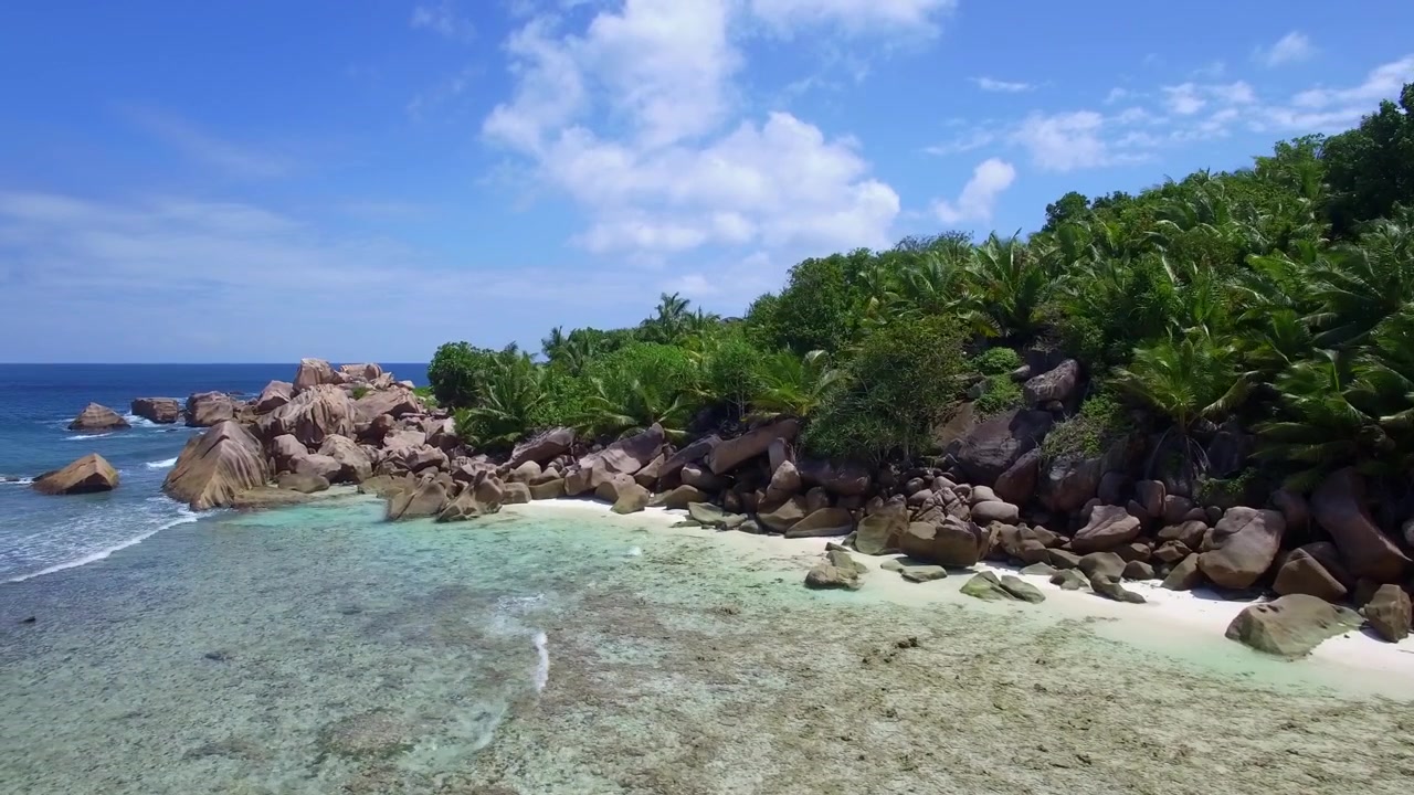 Pantai alami dan pribadi dengan bebatuan granit, pohon palem, pasir putih, dan langit biru di Samudra Hindia
