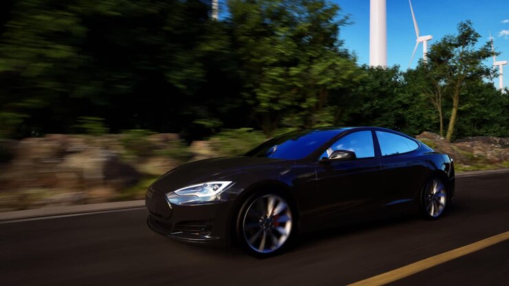 3D Render Of Generic Electric Car Drives On A Road With Wind Turbines In The Background. Realistic 3D Animation