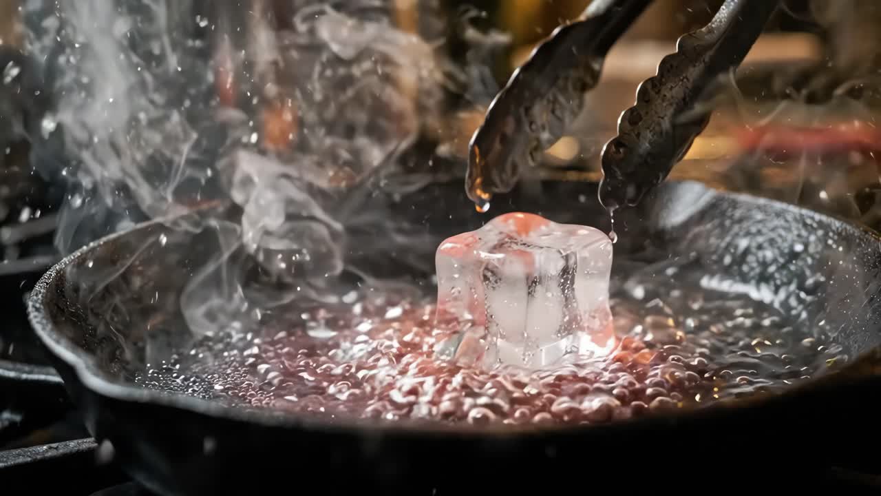 Ice Cube Sizzling and Melting in a Hot Cast Iron Pan