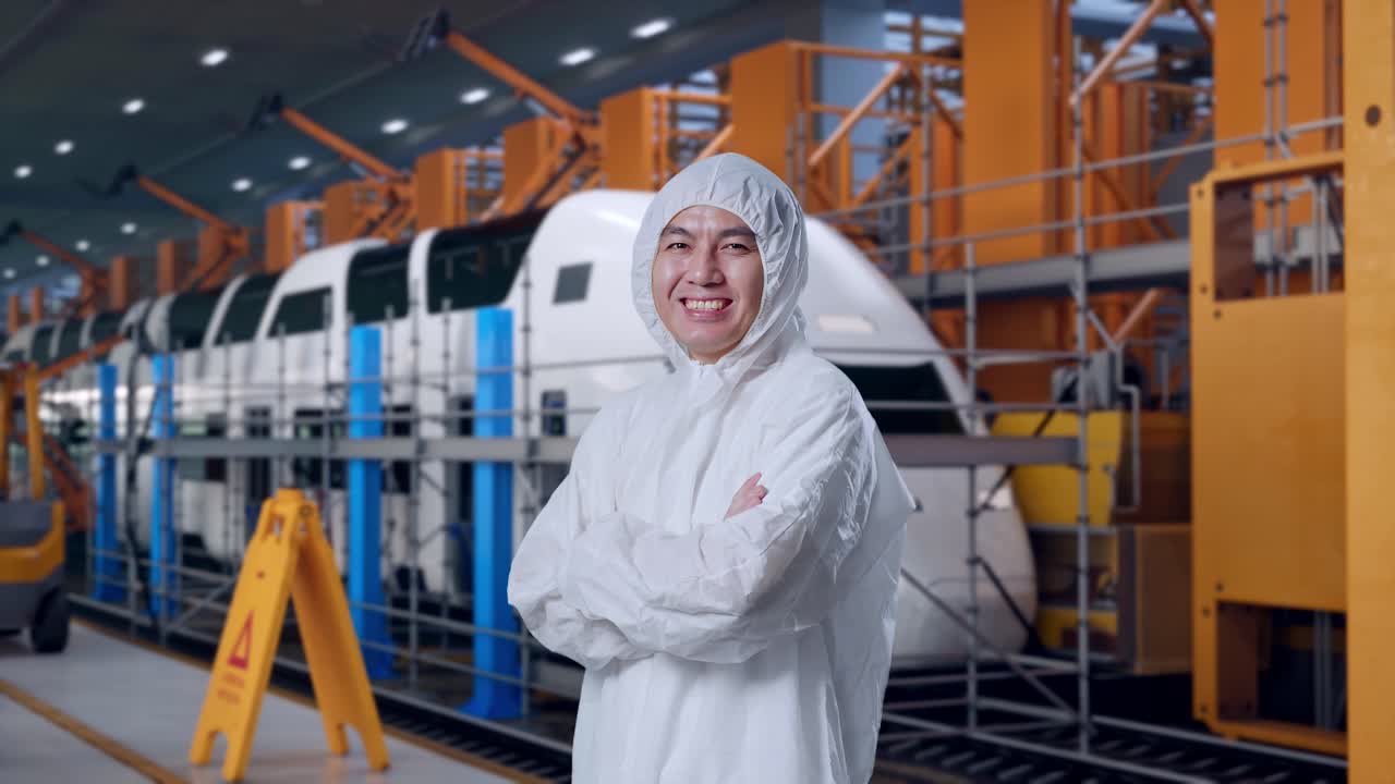 Vista lateral de un científico asiático con los brazos cruzados y sonriendo, ingenieros de mantenimiento de trenes en un depósito.