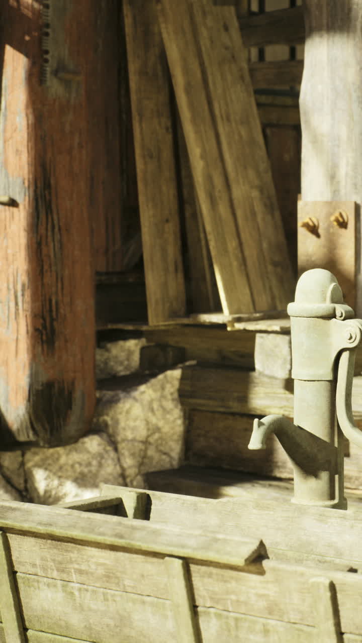 Pompa d'acqua vintage circondata da strutture rustiche in legno sotto la luce solare intensa.