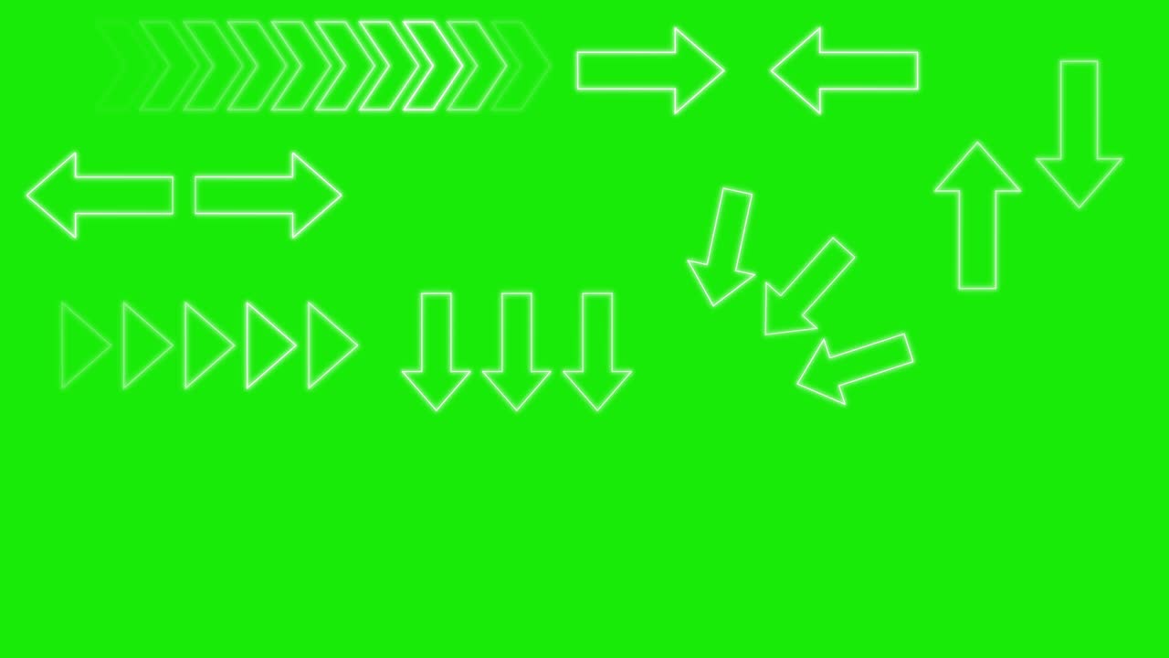 Multiple white arrow icons animate, appear, and move on a vibrant green chroma key background