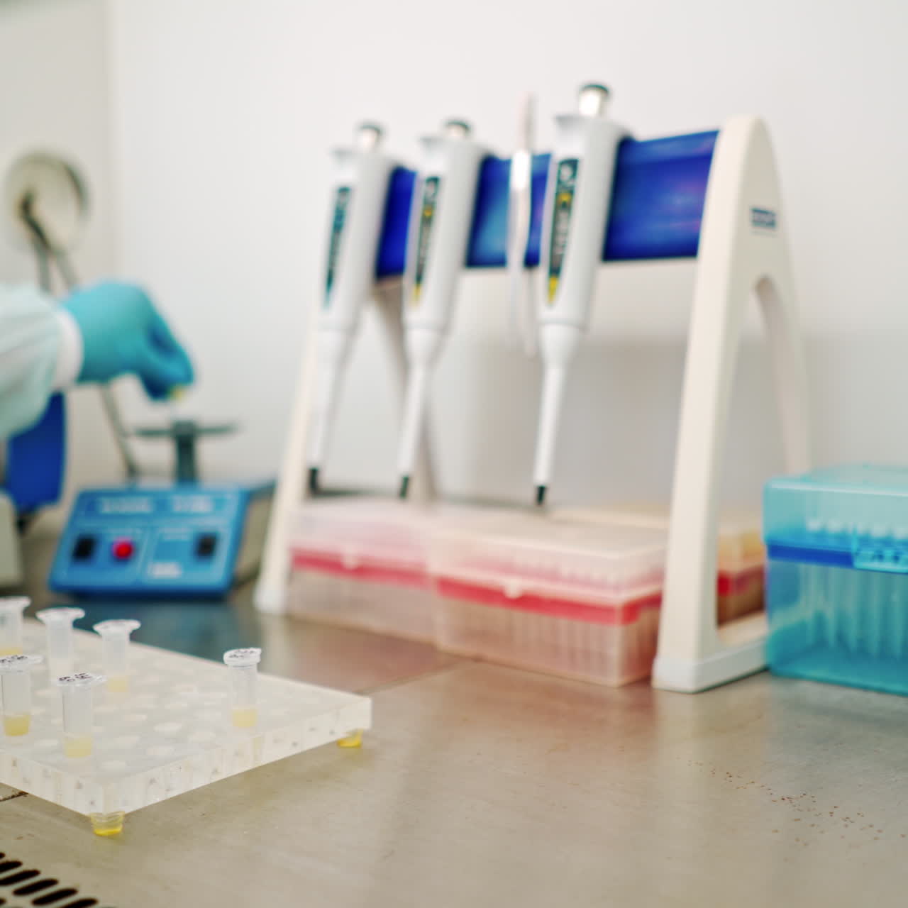 Analysis in small plastic tubes on a rack. Laboratory background and technician making experiments with test tubes on the table. Close-up.