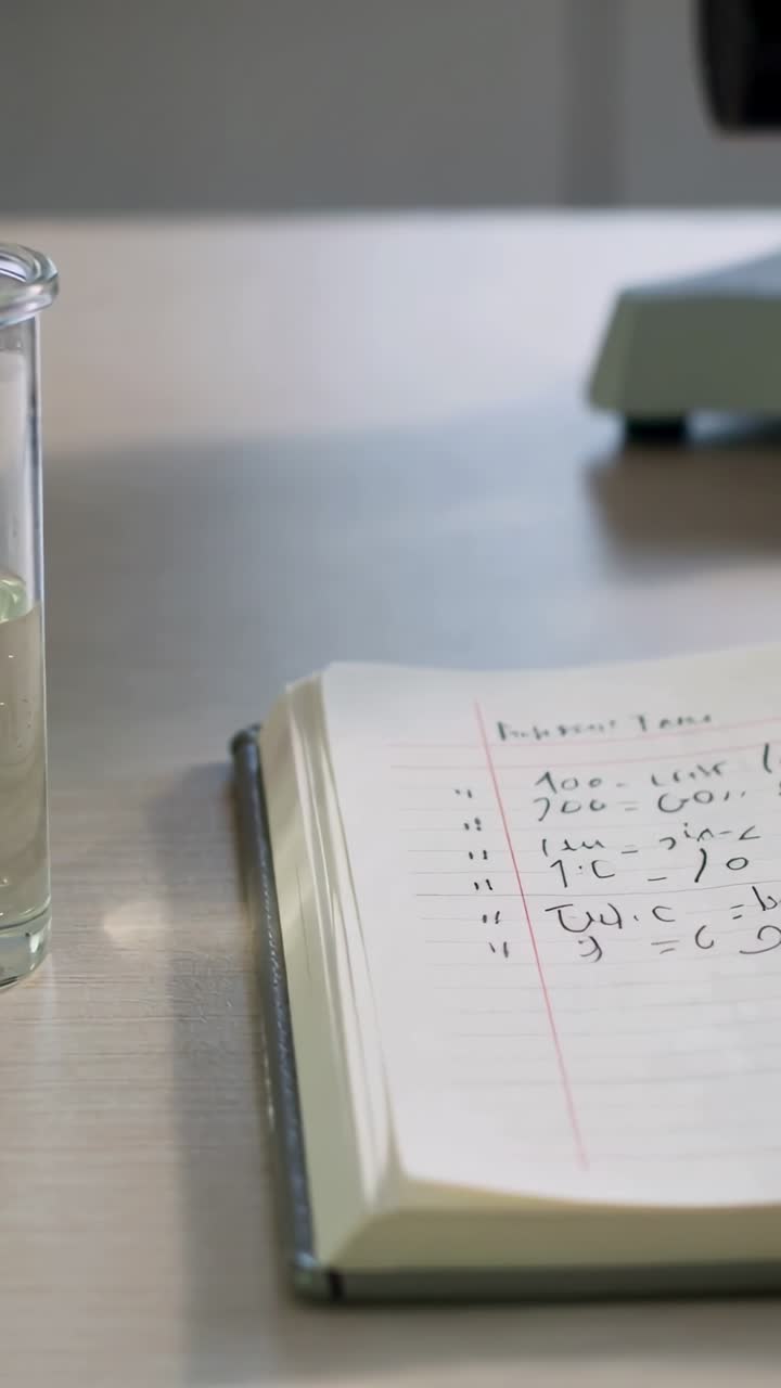 Vertical video: Panning camera moving across lab bench, focusing on notebook equations, glass, gear