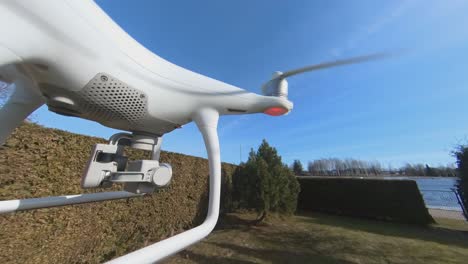 avión no tripulado volando bajo hacia atrás entre las plantas decorativas en un día soleado