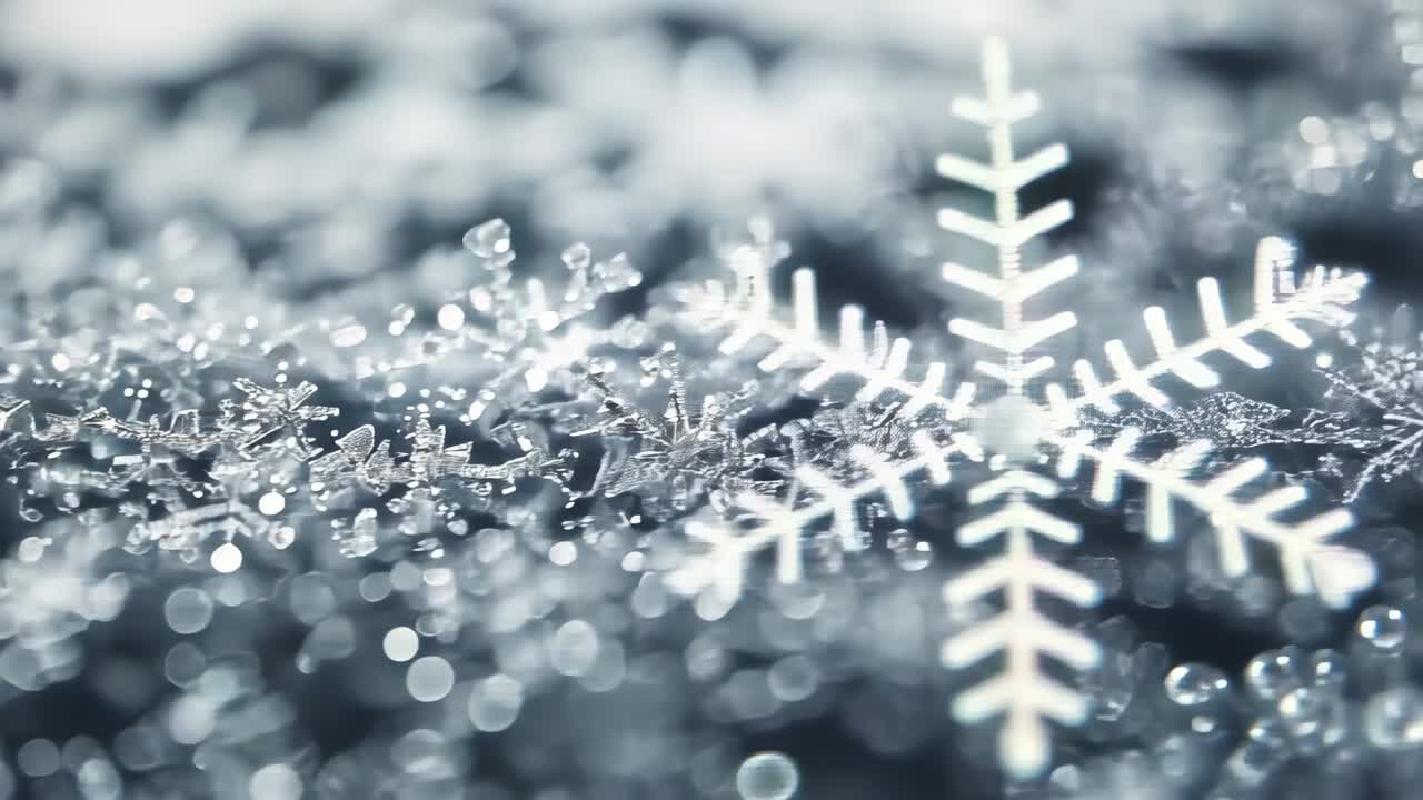 Frost crystals glistening in macro after two seconds, stylized snowflake emerging accenting texture