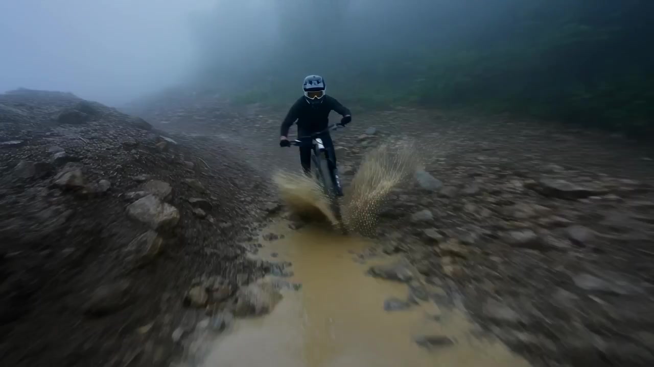 Ciclista en descenso por un sendero rocoso y con niebla, acercándose a la cámara en una MTB, pasando por un charco y usando gafas.