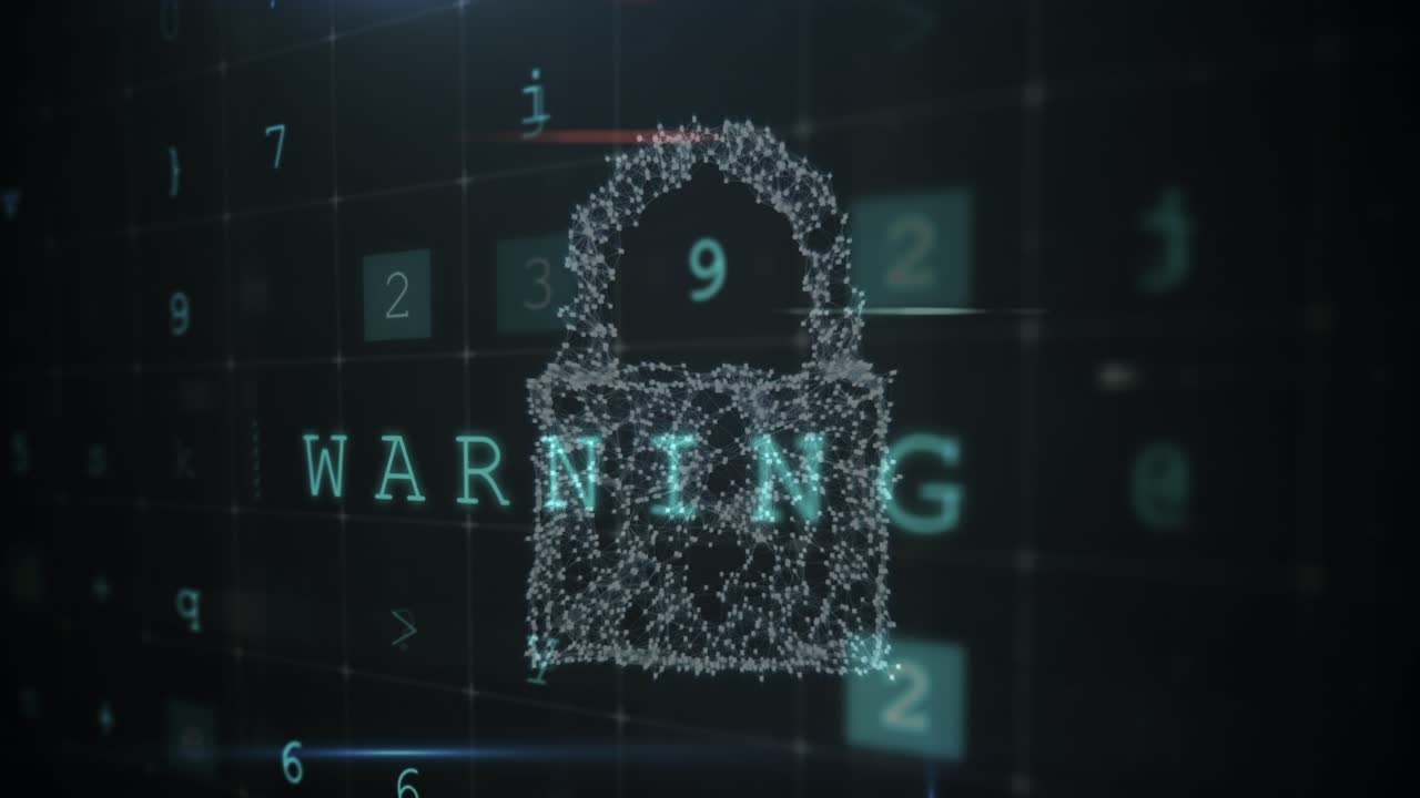 Animation of security padlock over data processing on dark background