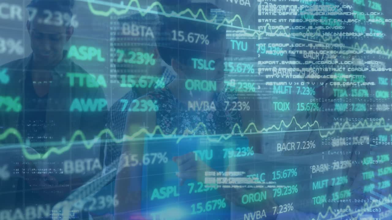 Animation of financial data processing over businesses people