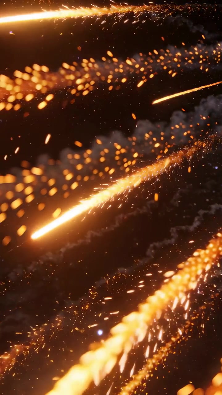 Video verticale: Scie dorate che corrono, entrando dall'alto a destra di notte, rilasciando scintille e formando fumo.