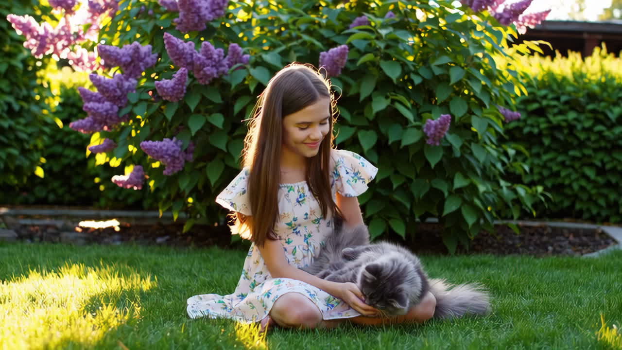 Girl playing with her fluffy cat in a sunny garden with lilac flowers