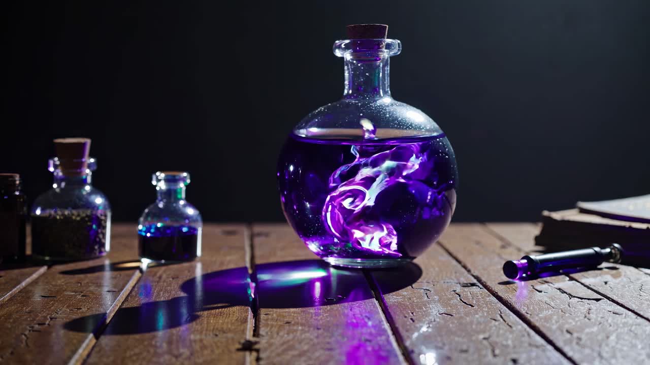 A mystical potion in a round bottle glows purple on a wooden table