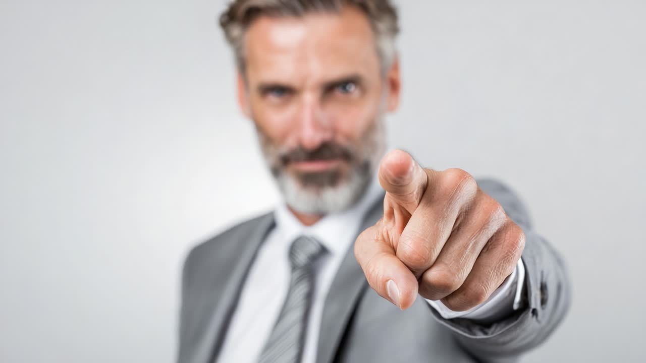 A confident and assertive man in a business suit pointing directly at the camera, exuding authority and charisma in a professional setting, illustrating determination and leadership