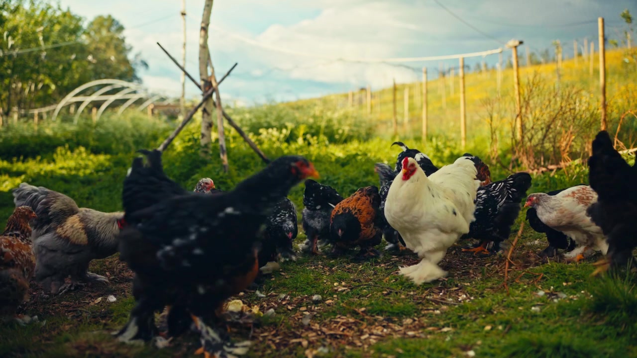 Norveç'te çimenli bir tarlada yem arayan alacalı siyah tavuklar, kırsal bir çiftlik ortamında yiyecek arayan evcil kuşları gösteriyor.
