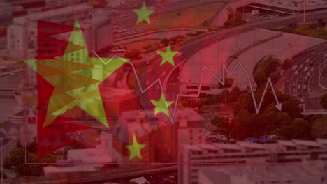 animation of flag of china and financial data processing over cityscape