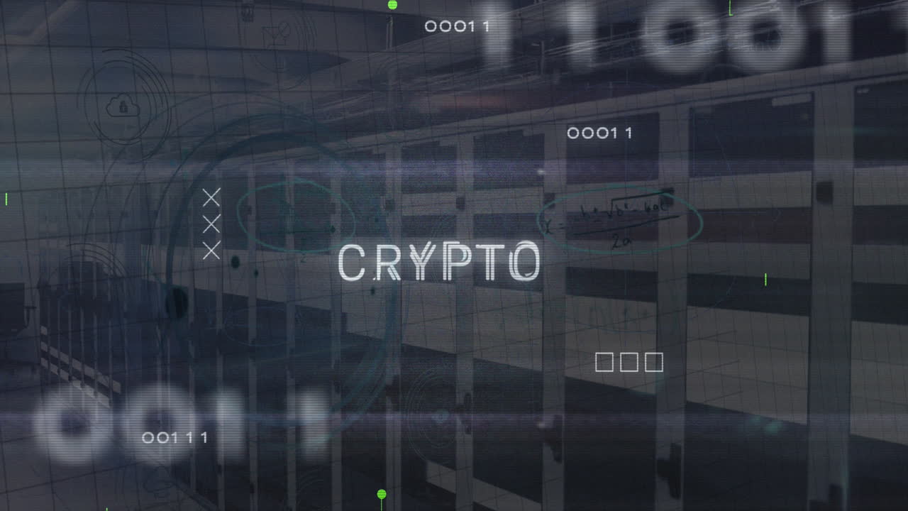 Animation of circuit board pattern, binary codes and crypto text over server room