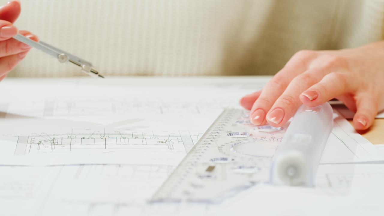 Close-up of hands using drafting tools on architectural blueprints
