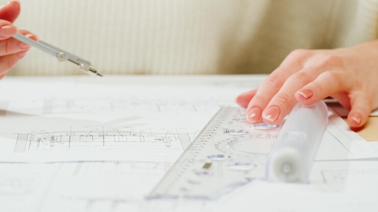 Close-up of hands using drafting tools on architectural blueprints