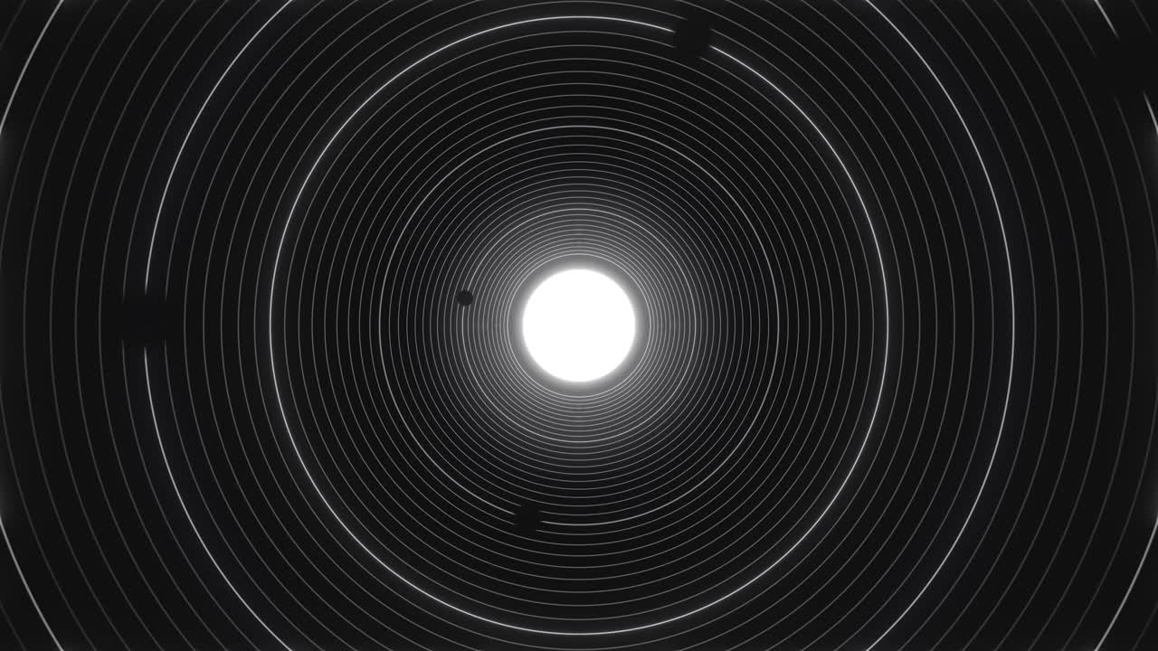 4K Dark Solar Stroke line Orbit around the White Planet Loop Animation Background. Power Gravity Suction Galaxy Star Field in Space Background