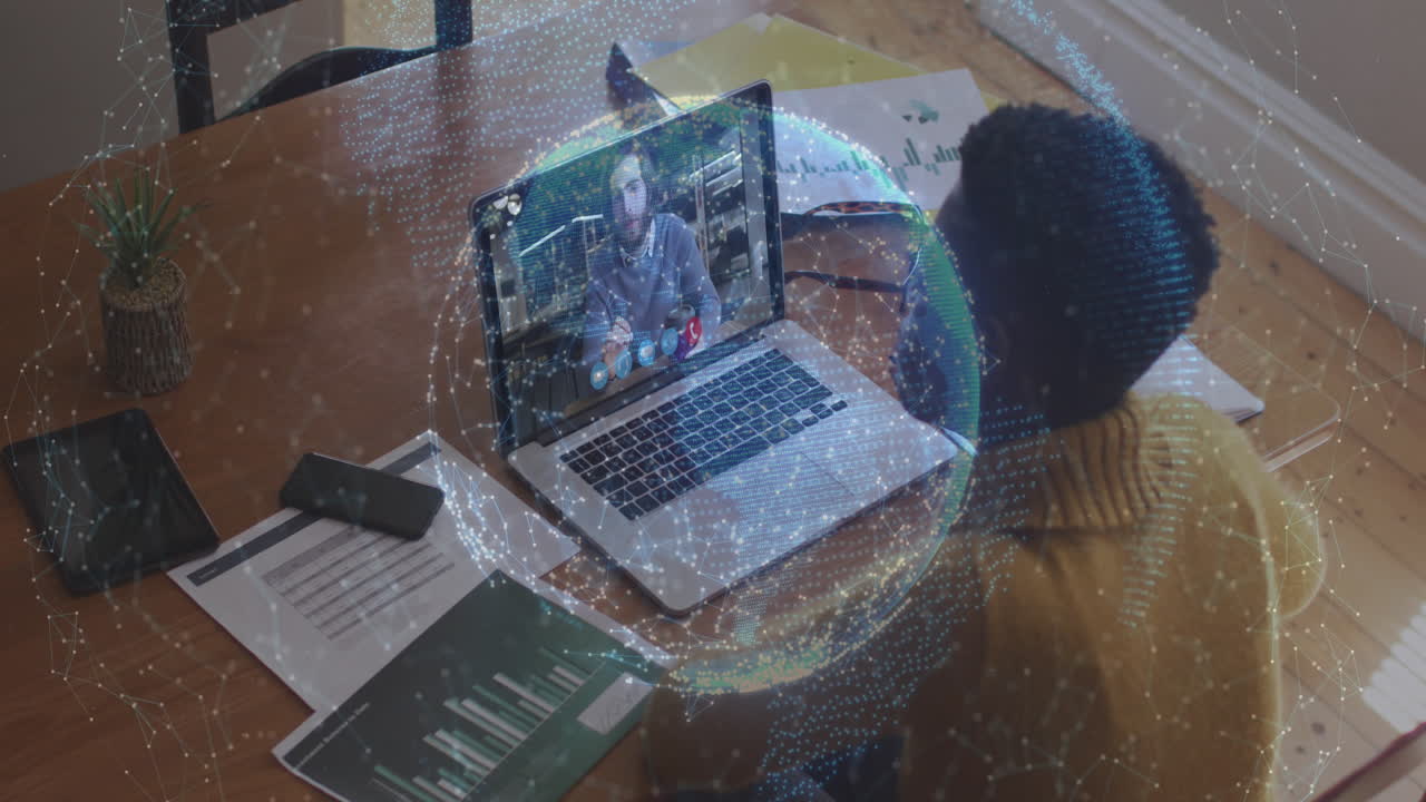 Animation of globe of connections over woman using laptop on video call in background