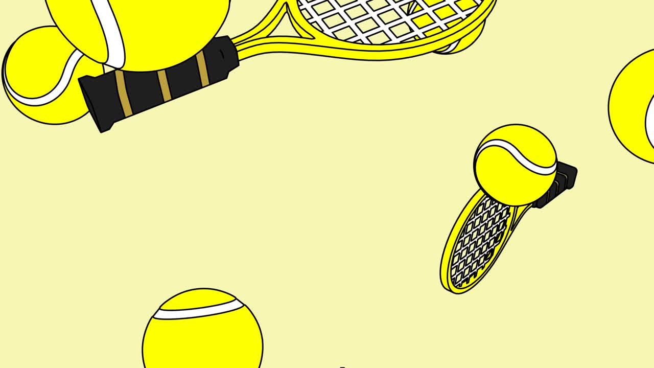 노란색 배경에 노란색 테니스 공과 테니스 래켓을 그렸습니다.