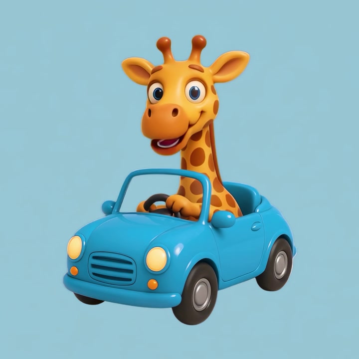 Personaggio giraffa 3D sorridente che guida una piccola auto blu