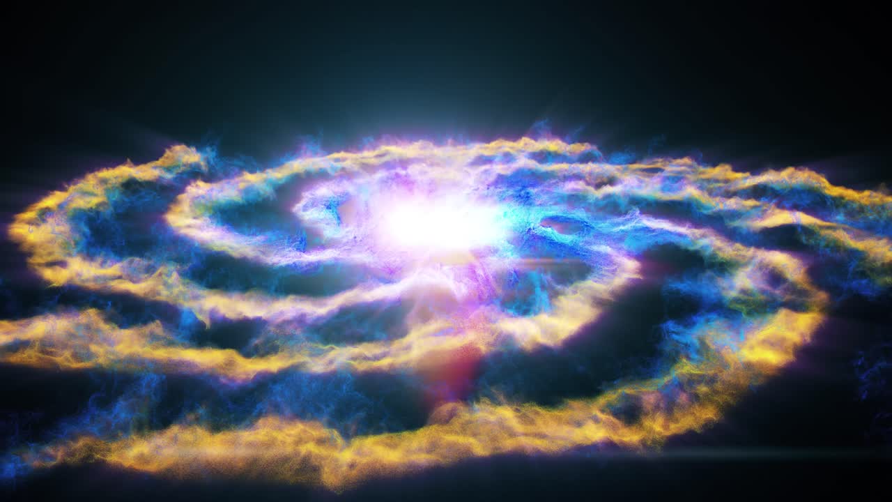 3D Blue and yellow glowing spiral Galaxy with energetic bright sun or quasar in center rotating through outer deep interstellar Space Universe with black background