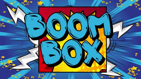 boom box. motion poster. 4k geanimeerde stripboek woord tekst
