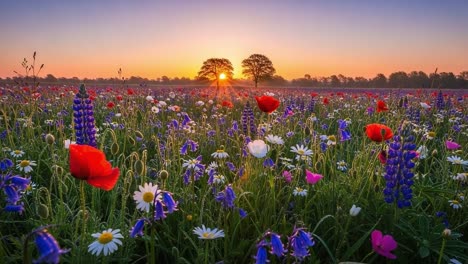 a vibrant sunrise over a colorful wildflower field, showcasing nature's beauty with lush greenery and splashes of colorful blooms amidst the tranquil morning light