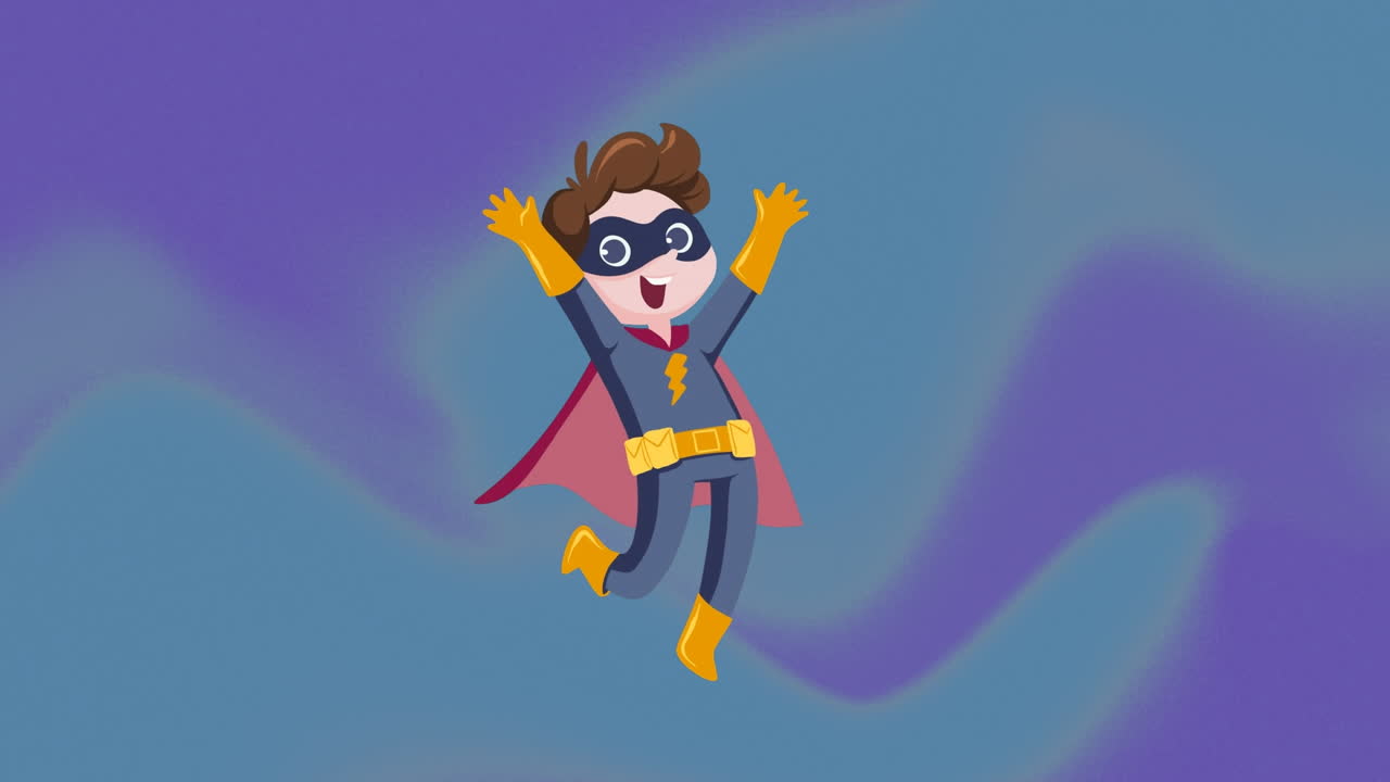 파란색과 보라색 바탕에 팔을 들어 올린 터 슈퍼 히어로의 애니메이션