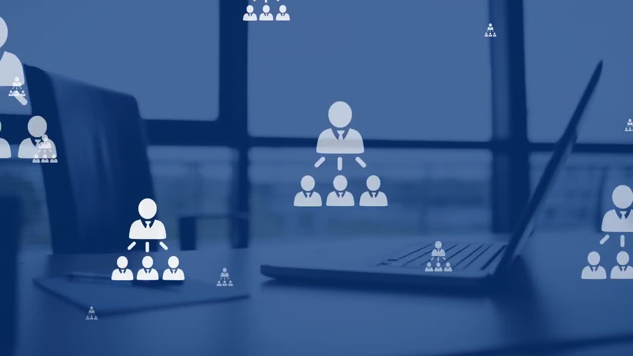 animación de la red de conexiones con iconos sobre la oficina