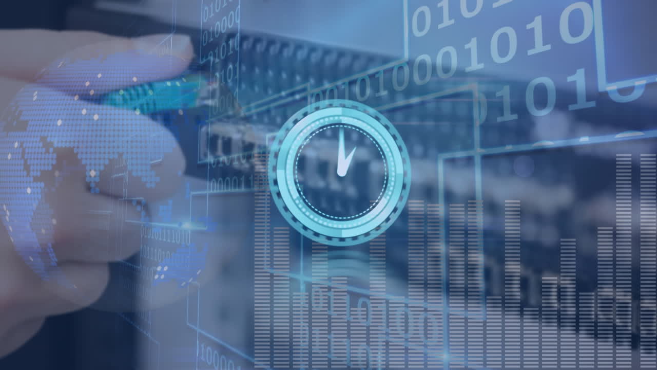 animación del globo, el reloj y las columnas móviles sobre la mano del hombre caucásico en la sala del servidor