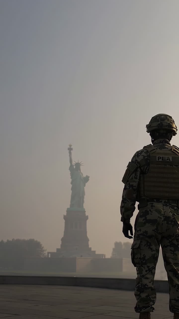 Soldier Guarding the Statue of Liberty in Foggy Morning