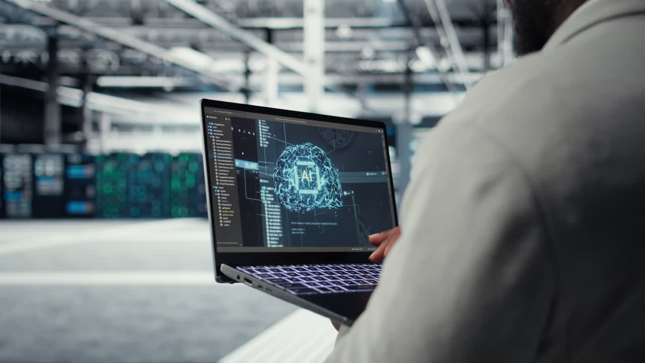 Vertical video Close up of server hub admin using tablet to do infrastructure AI automatization