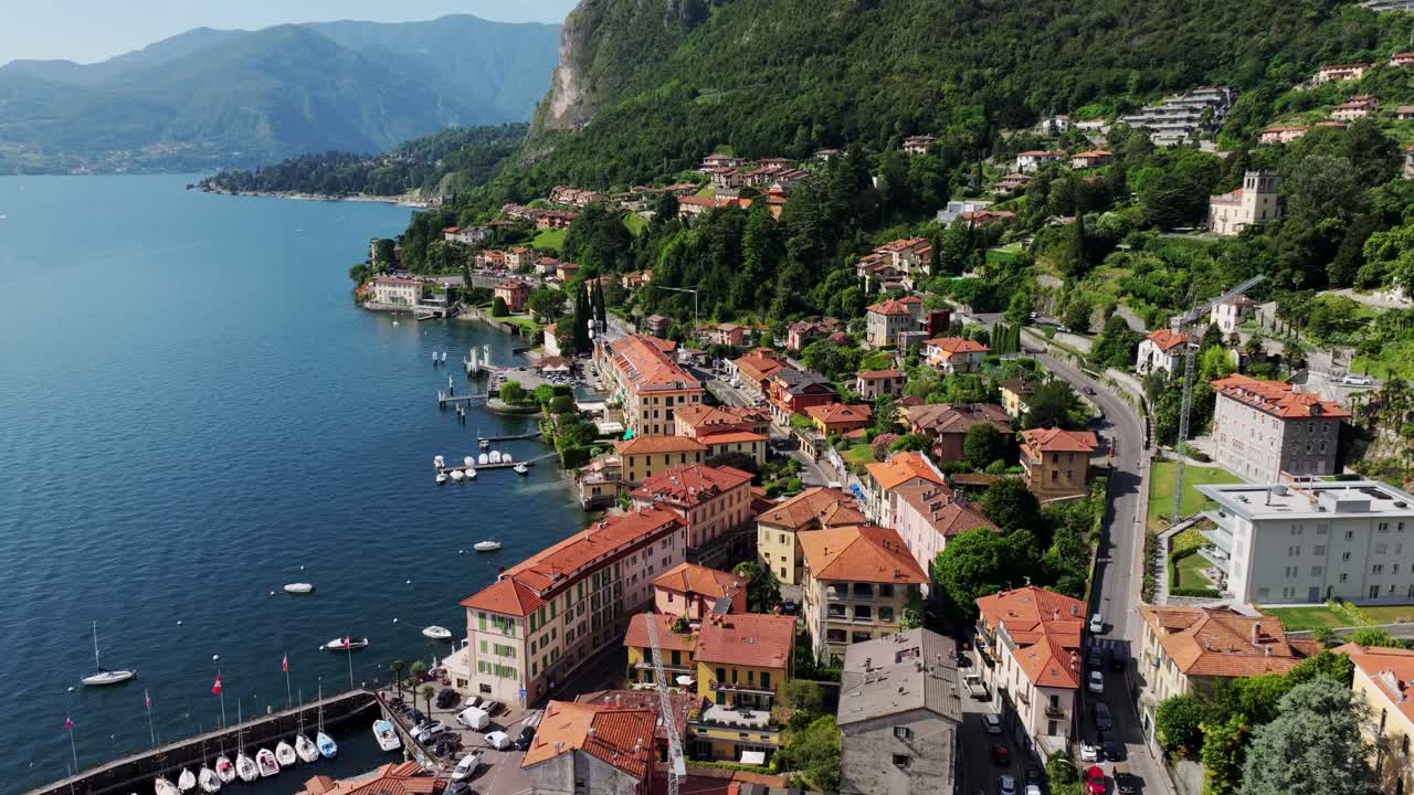 Menaggio, picturesque Italian town on the shores of Lake Como green hills, drone