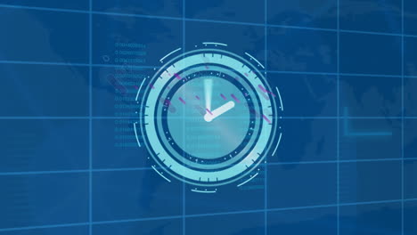 animación de reloj en movimiento sobre líneas púrpuras y procesamiento de datos